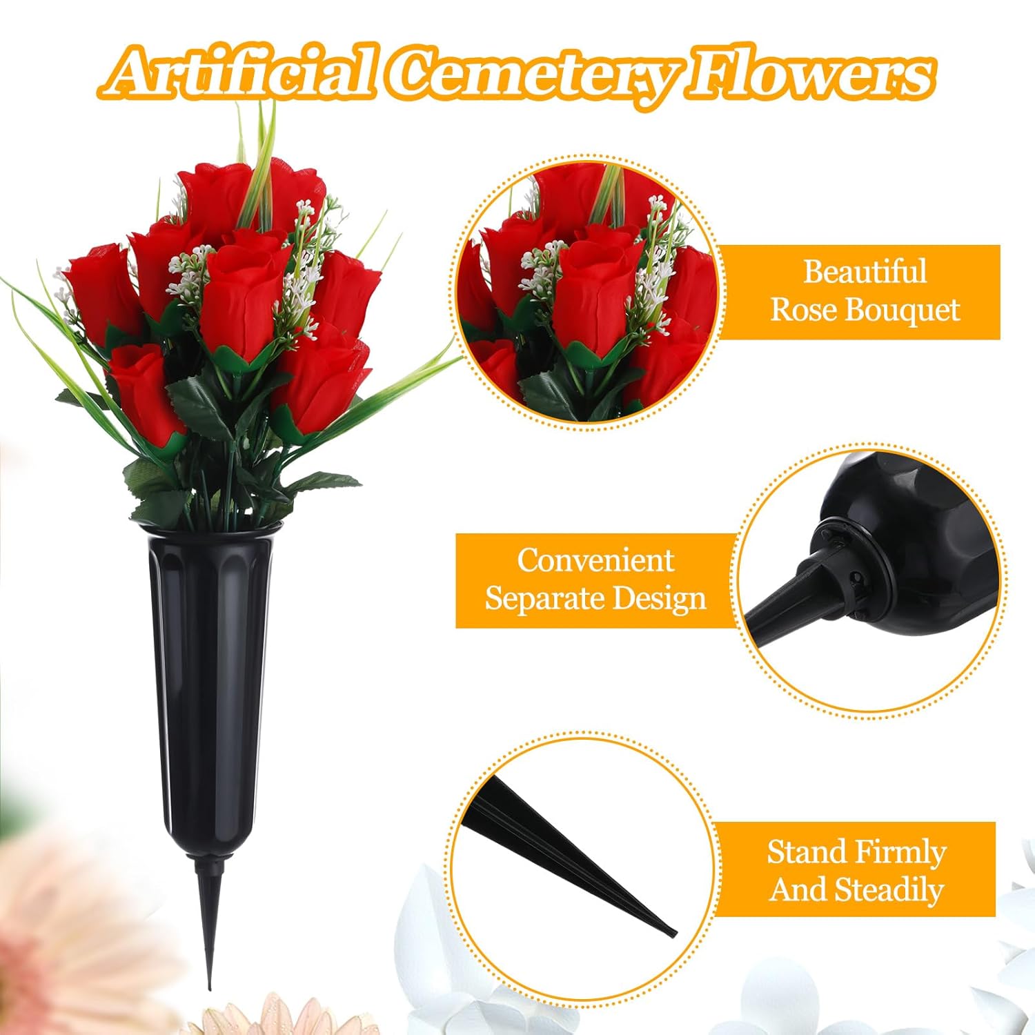 6 Sets Cemetery Flowers With Grave Vase 12 Bunches Memorial Day Artificial Rose Bouquet 84 Heads Fake Spring Silk Cemetery Flower For Graveside Decor(Red)