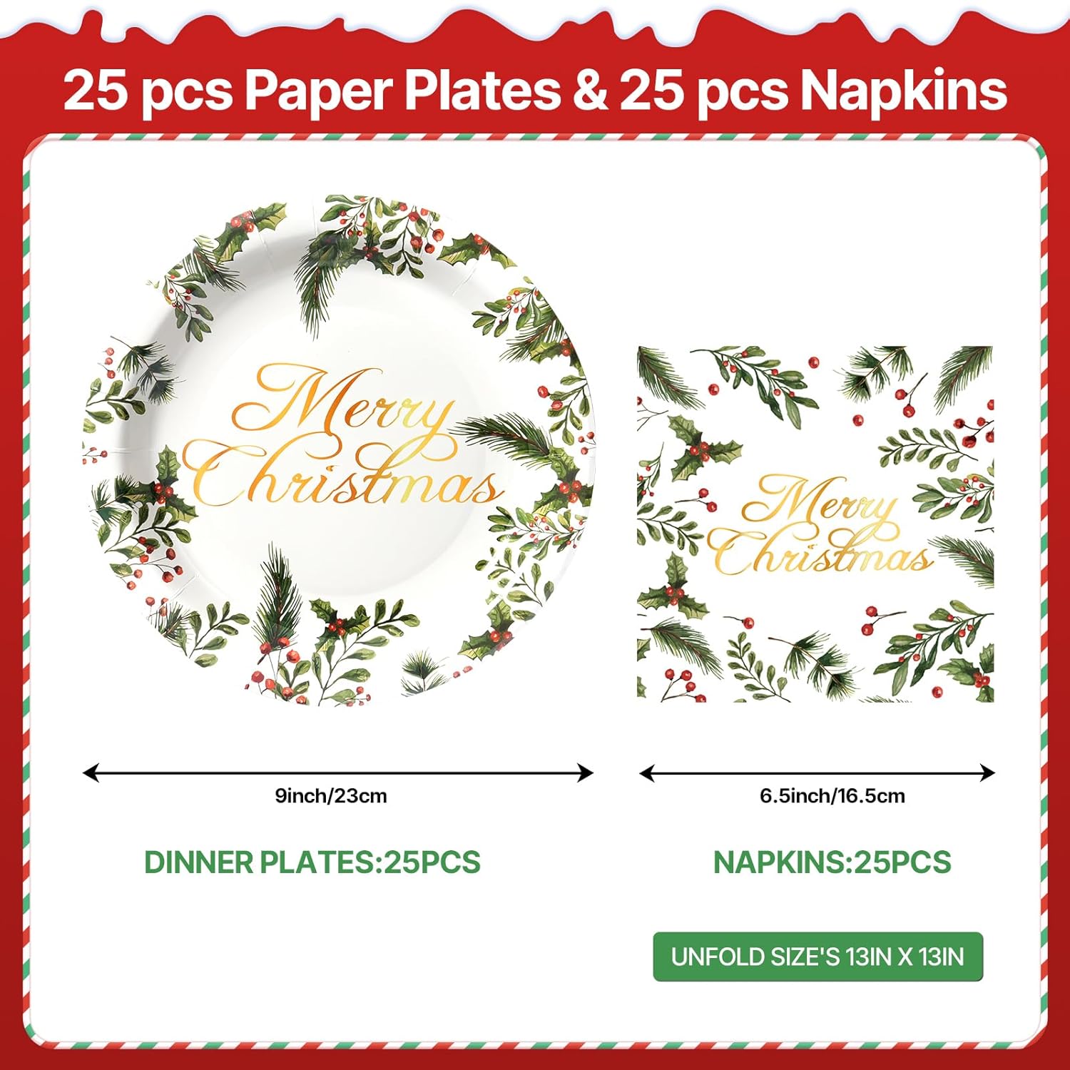 50Pcs Christmas Paper Plates And Napkins Disposable Paper Plates For Christmas Party Supplies