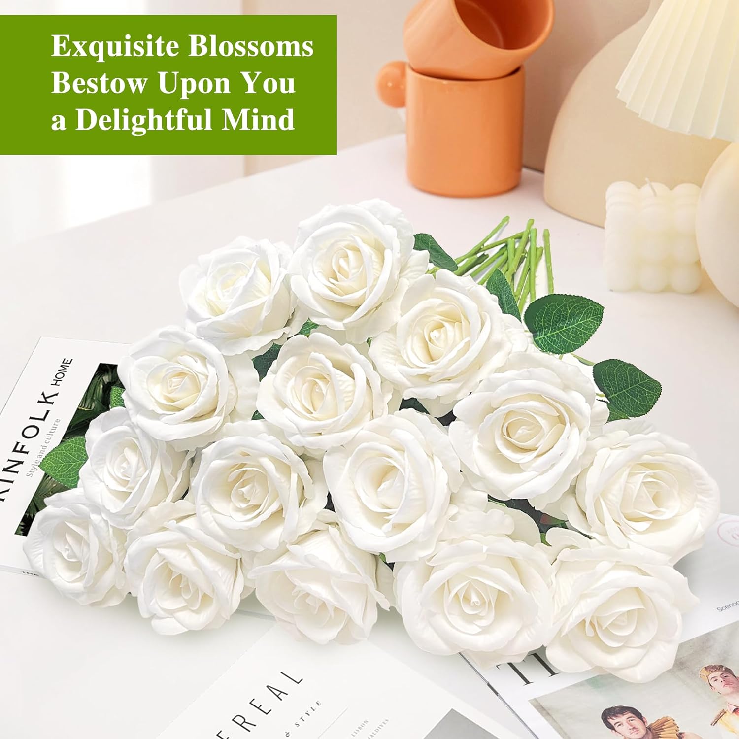 15Pcs Artificial White Roses, Artificial Silk Fake White Rose Flower With Single Long Stems, Realistic Forever Bouquet Flowers For Diy Arrangements Home Decor Office Garden Party Wedding Gifts