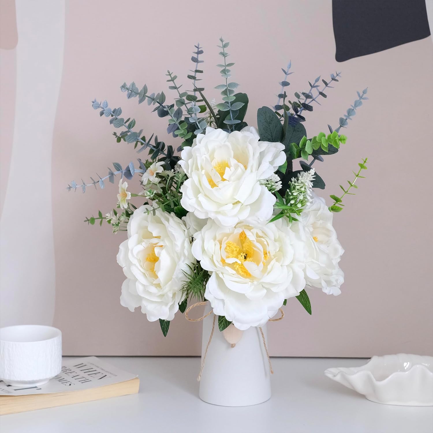 Artificial Peony Flower Arrangement In Vase, 16" Faux Flowers With Eucalyptus Stems And Decorative Leaves, White Ceramic Vase With Jute Rope & Heart Charm, Table Centerpiece For Farmhouse Decor