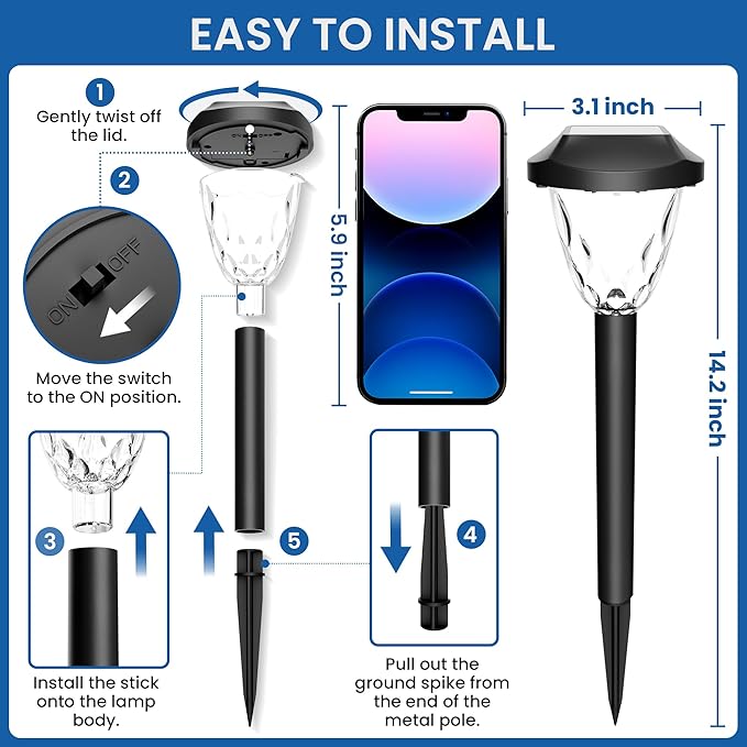 8 Pack Solar Pathway Lights Waterproof Auto On Off Outdoor Garden Walkway Lights