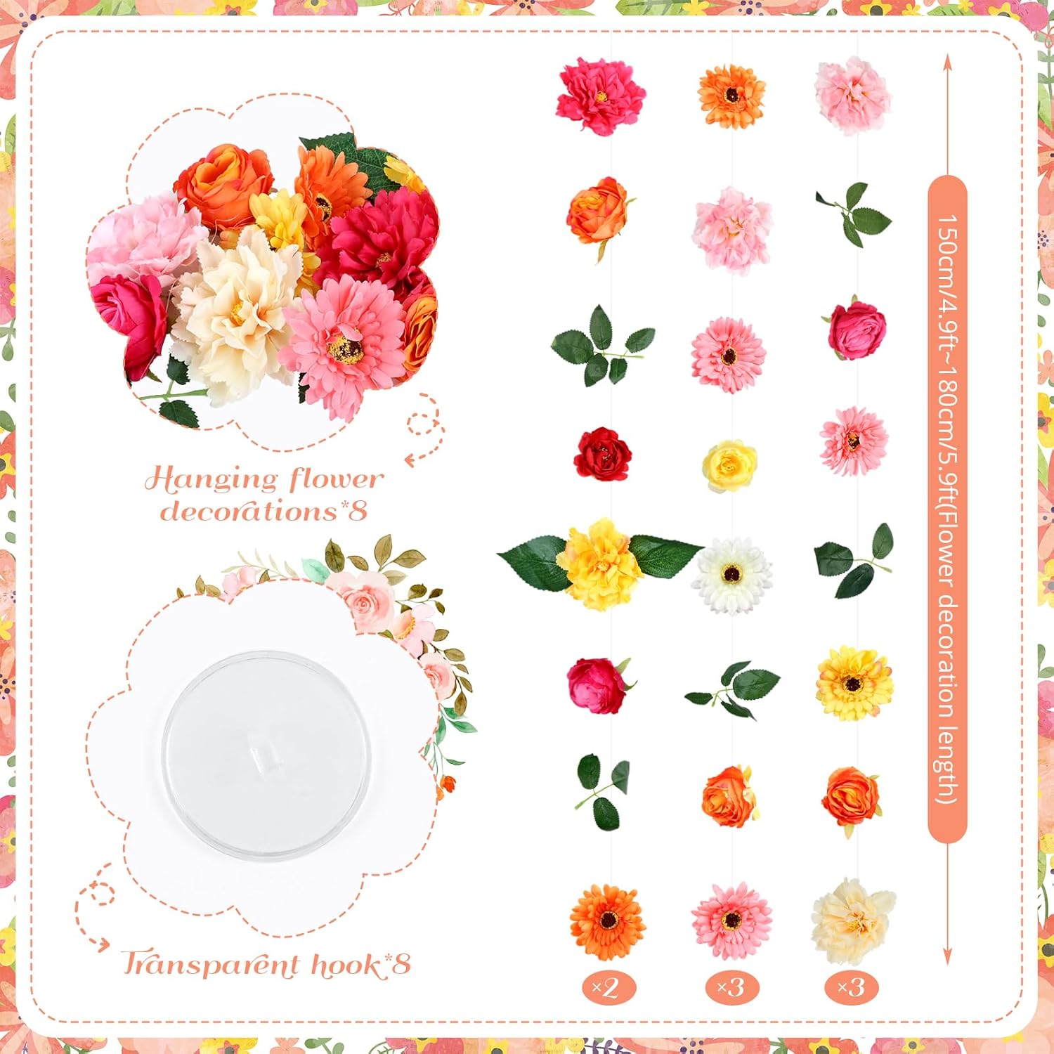 8 Pcs Flower Garlands Hanging Decorations,Daisy And Rose Orange Artificial Flowers With Hooks Fall Party Decorations For Wedding Birthday Baby Shower Autumn Home Birthday Decorations