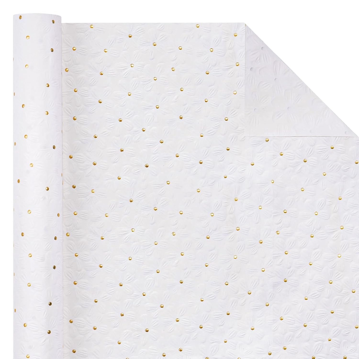 3D Kraft Floral Wrapping Paper - Mini Roll - 17 Inch X 16.5 Feet - Embossed Elegant White Floral With Gold Foil Wrapping Paper For Valentines Day, Wedding, Bridal Shower, Birthday