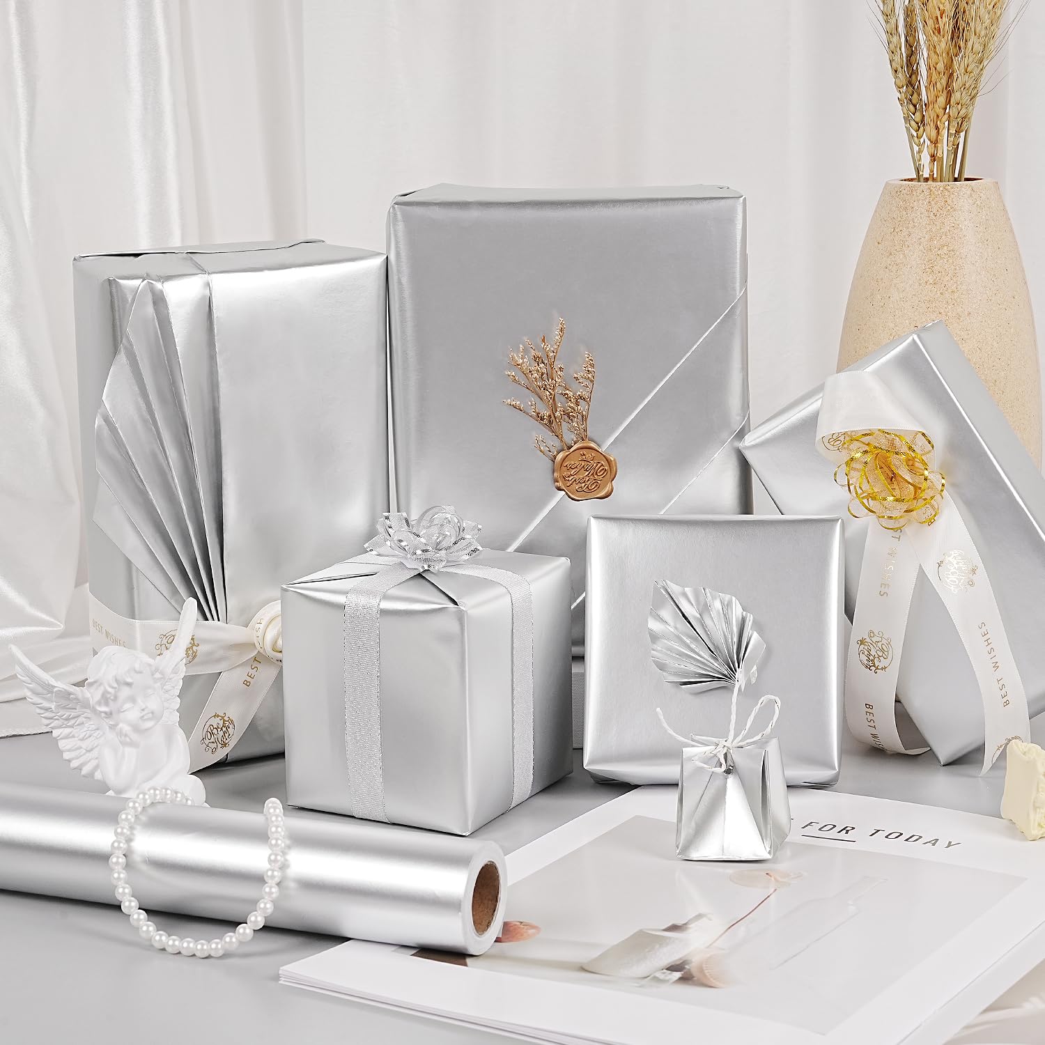 Silver Metallic Wrapping Paper Roll - Solid Color Paper - Silvery Matte Metal Lustre - Gift Wrap For Christmas Birthday Wedding Baby Shower Valentine'S Day, 17Inch×33Feet