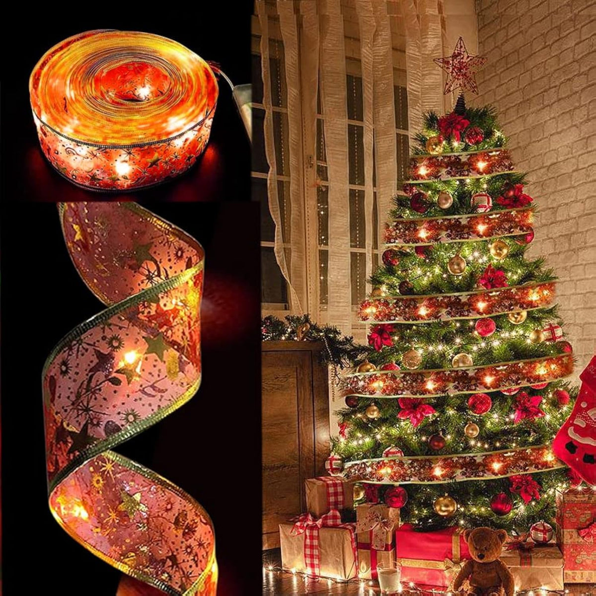 Ribbon Lights For Christmas Tree Decorations,32Ft 100 Led Lights Red Edge Wired Ribbon Fairy Lights For Xmas Tree Weddin