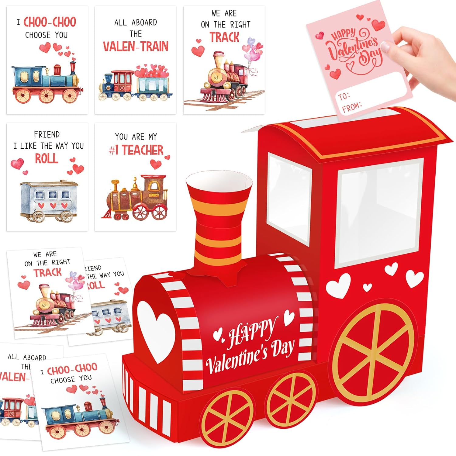 Train Valentines Day Box And Cards For Kids Classroom School Exchange, Great Valentines Gifts Party Favors For Boys Girls (1 Cute Train Box, 32 Valentine Cards, 1 Teacher Card)