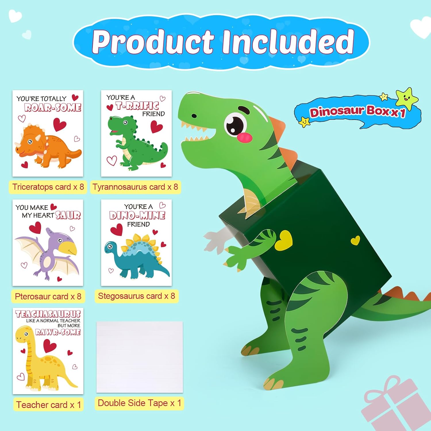 Dinosaur Valentines Day Box And Cards For Kids Classroom School Exchange, Valentines Gift Party Favors For Boys Girls - 1 Diy Box, 32 Valentine Cards, 1 Teacher Card