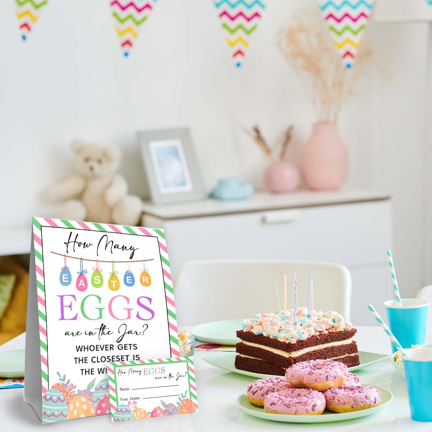 Eggs Easter Party Games For Adults Family Large Groups,Easter Games For Kids, How Many Eggs Are In The Jar,Birthday Party Game & Activities 50 Cards And Sign