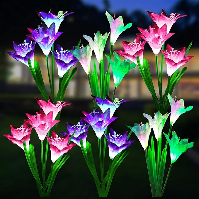 6 Pack Solar Lily Flower Lights Color Changing Waterproof Garden Yard Patio Decor
