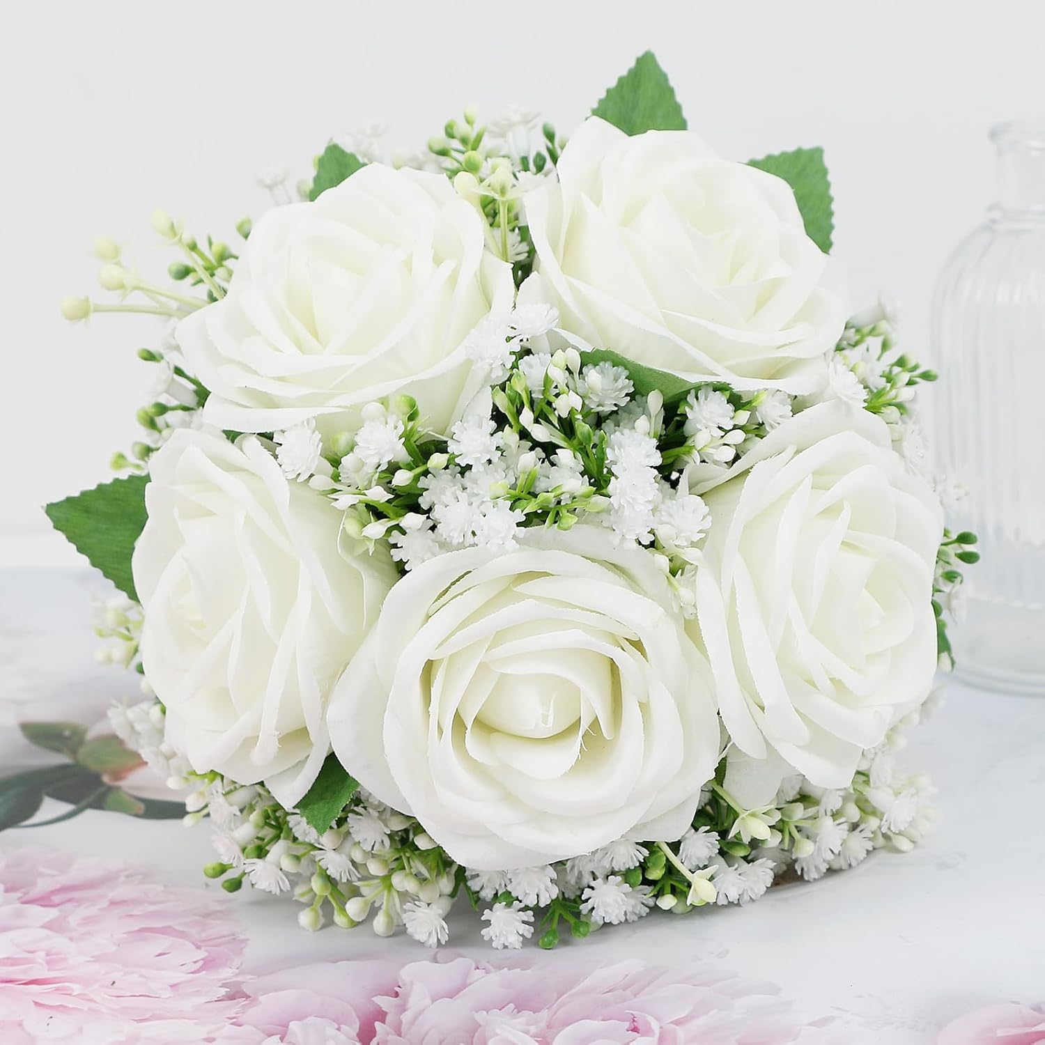 Set Of 4 Bridesmaid Bouquets For Wedding - 7 Inch Ivory White Fake Flower Bouquet For Bridesmaid, Silk Rose Artificial Babys Breath Small Bouquet Handmade For Bridal Shower Ceremony Anniversary
