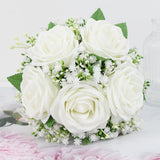 Set Of 4 Bridesmaid Bouquets For Wedding - 7 Inch Ivory White Fake Flower Bouquet For Bridesmaid, Silk Rose Artificial Babys Breath Small Bouquet Handmade For Bridal Shower Ceremony Anniversary