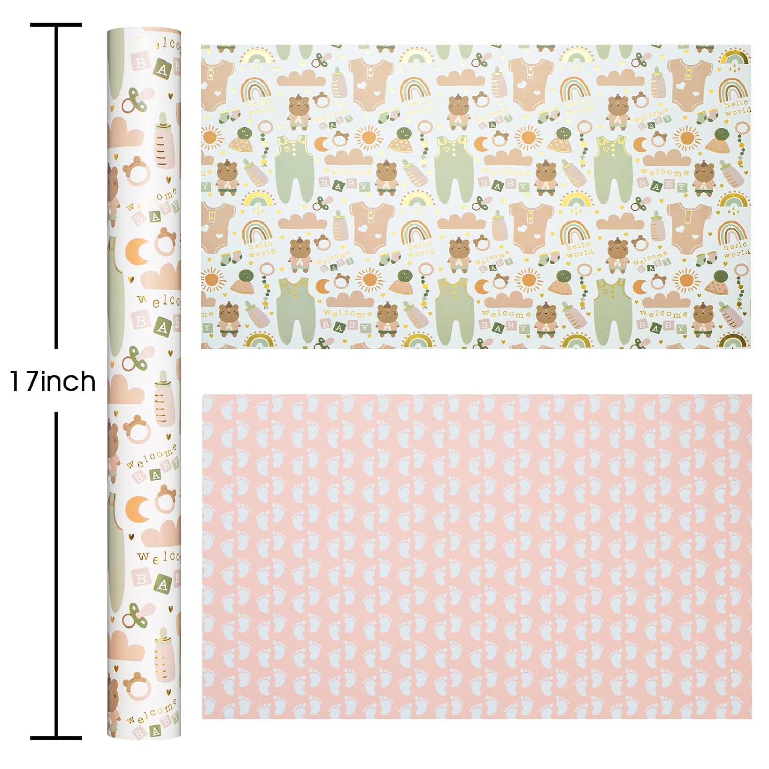 Reversible Baby Shower Wrapping Paper Roll, Gender Neutral Baby Wrapping Paper, Metallic Foil Newborn Clothes, Bottle And Rainbow Gift Wrap For Boys Or Girls, 1St Birthday(17 In X 33 Ft)