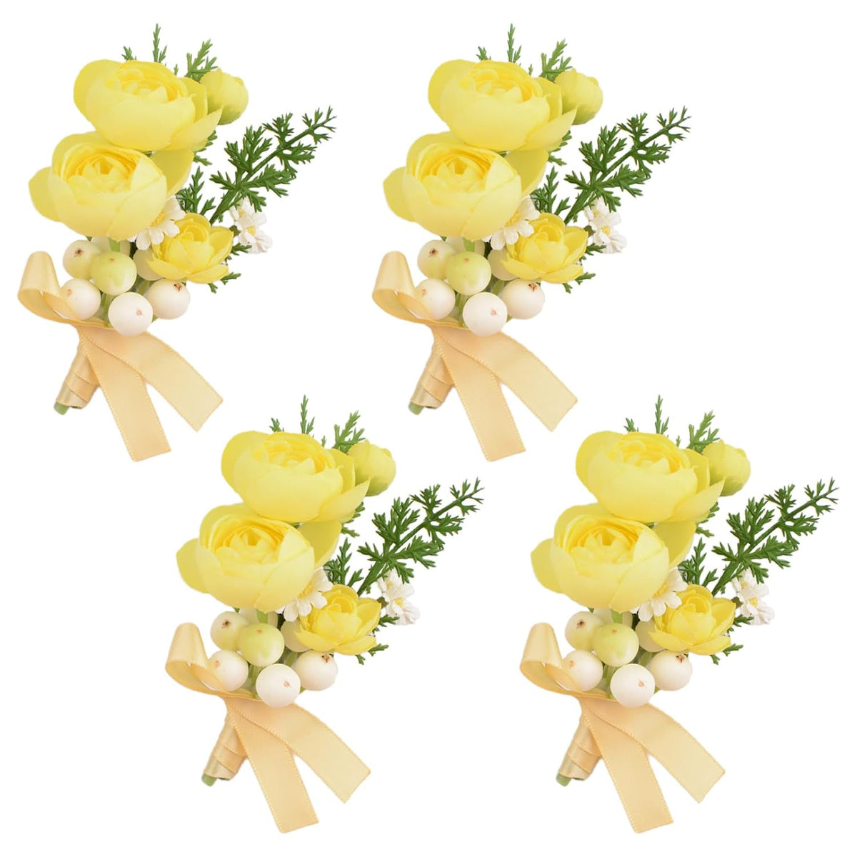 4 Pcs Wedding Corsage And Boutonniere, Artificial Light Yellow Flower Rose Hand Flower Set For Graduation Prom Wedding Party