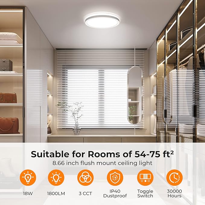 9 Inch LED Flush Mount Ceiling Light 18W 3CCT Ultra Thin White Fixture