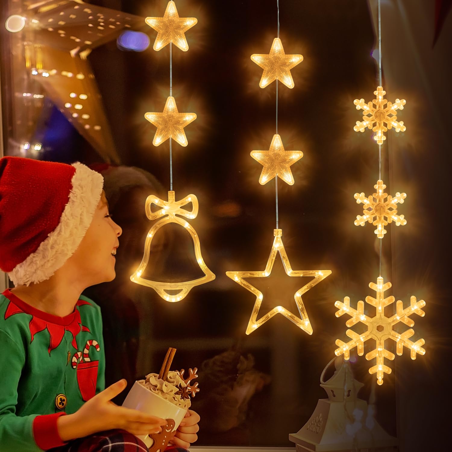 Christmas Window Lights Decorations Battery Operated With Suction Cup Couple, 3 Pack Snowflakes Bells And Stars Christma