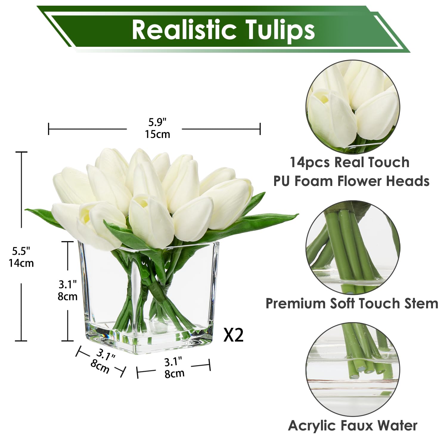 Artificial White Tulips In Vase With Faux Water 5.5" Real Touch Flowers Fake Tulips Small Flowers Arrangement In Cube Glass Vase For Mother'S Day Table Centerpiece Wedding Home Decor