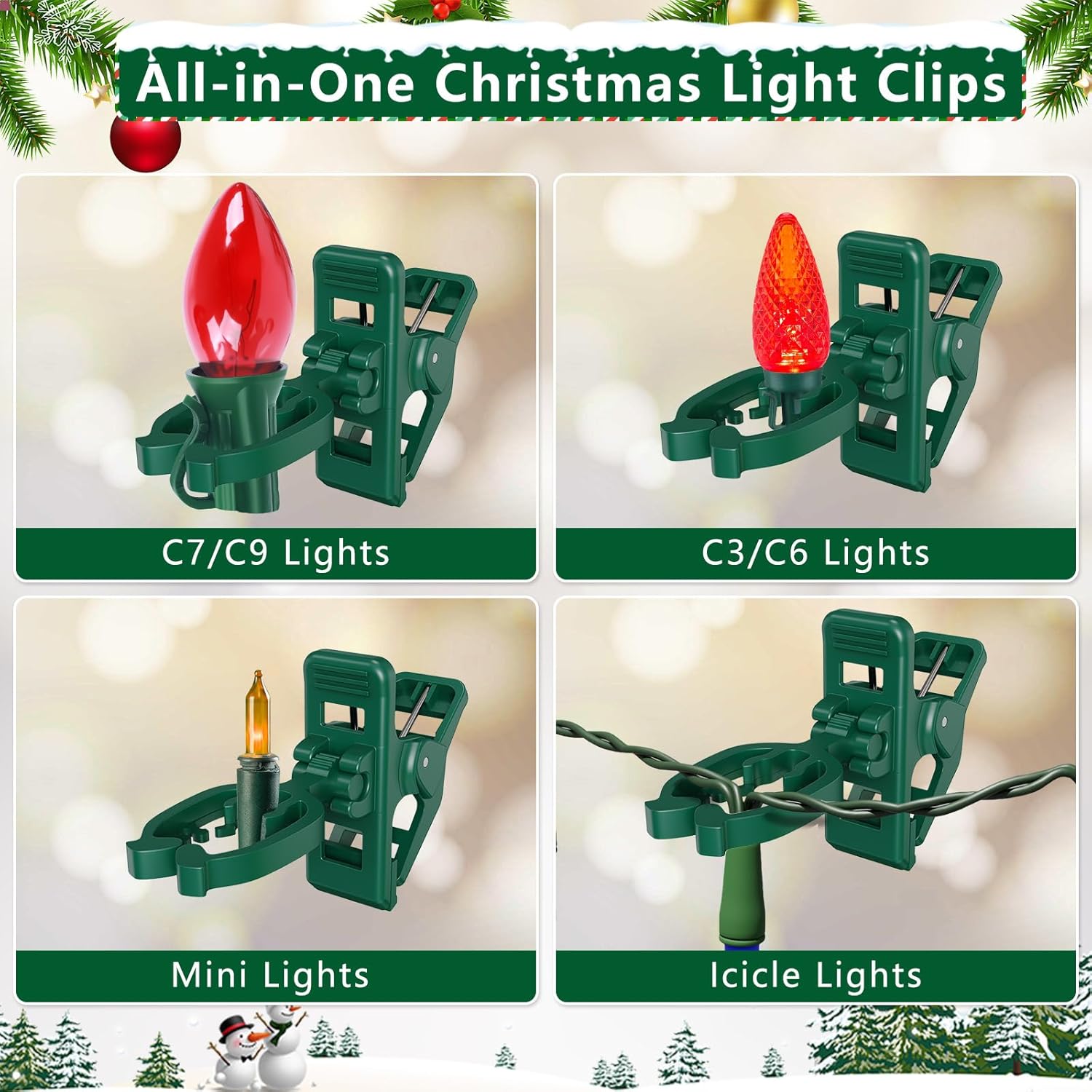 Large C7 C9 Christmas Lights Spring Clips, 100 Pack Universal Gutter Roof Clips 180° Adjustable For Christmas Lights Outdoor, Quick Light Hooks Hangers For Holiday Shingle Fence Gates