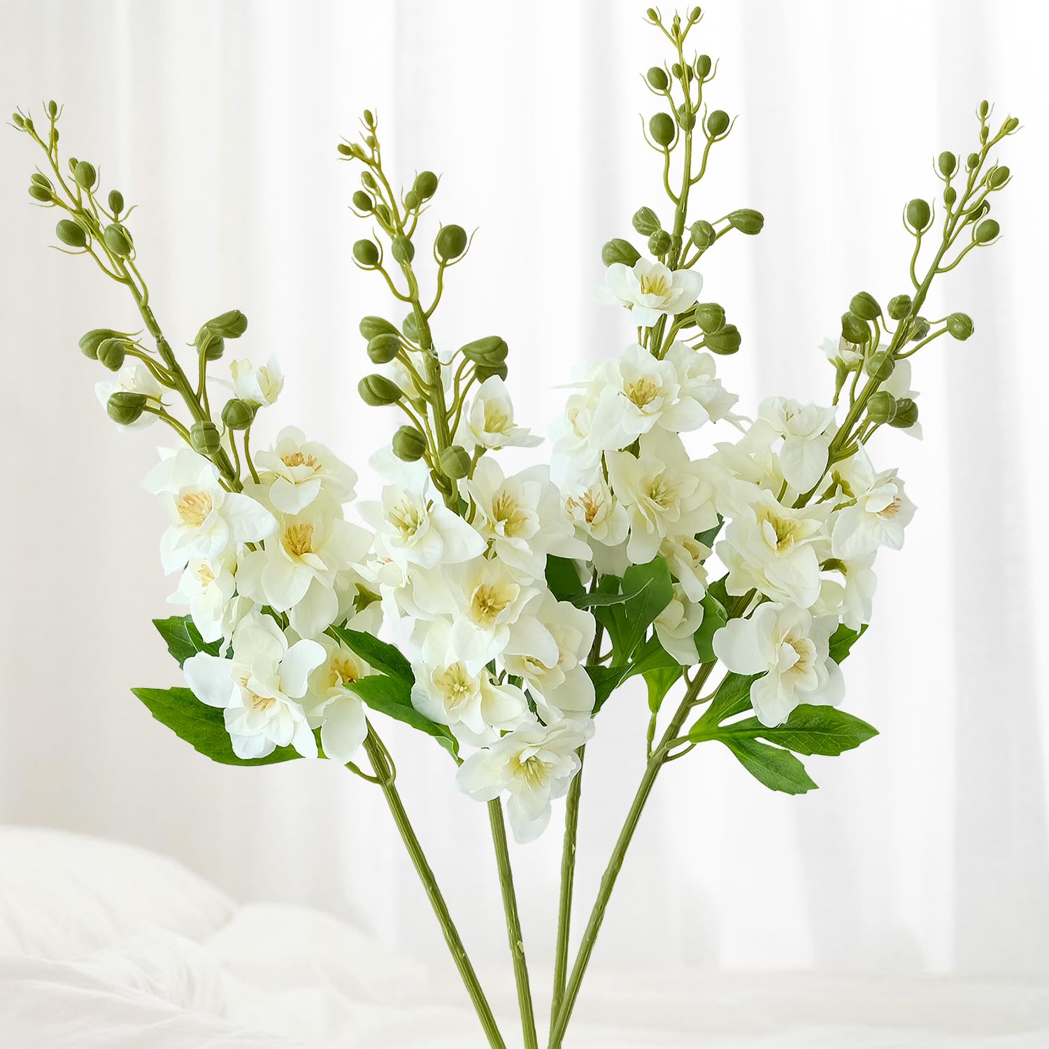 White Artificial Flowers,4Pcs 26" Fake Delphinium With Long Stem For Tall Floor Vase,Large Lifelike Larkspur Plant Silk Flowers Home Wedding Office Party Arrangement Decoration