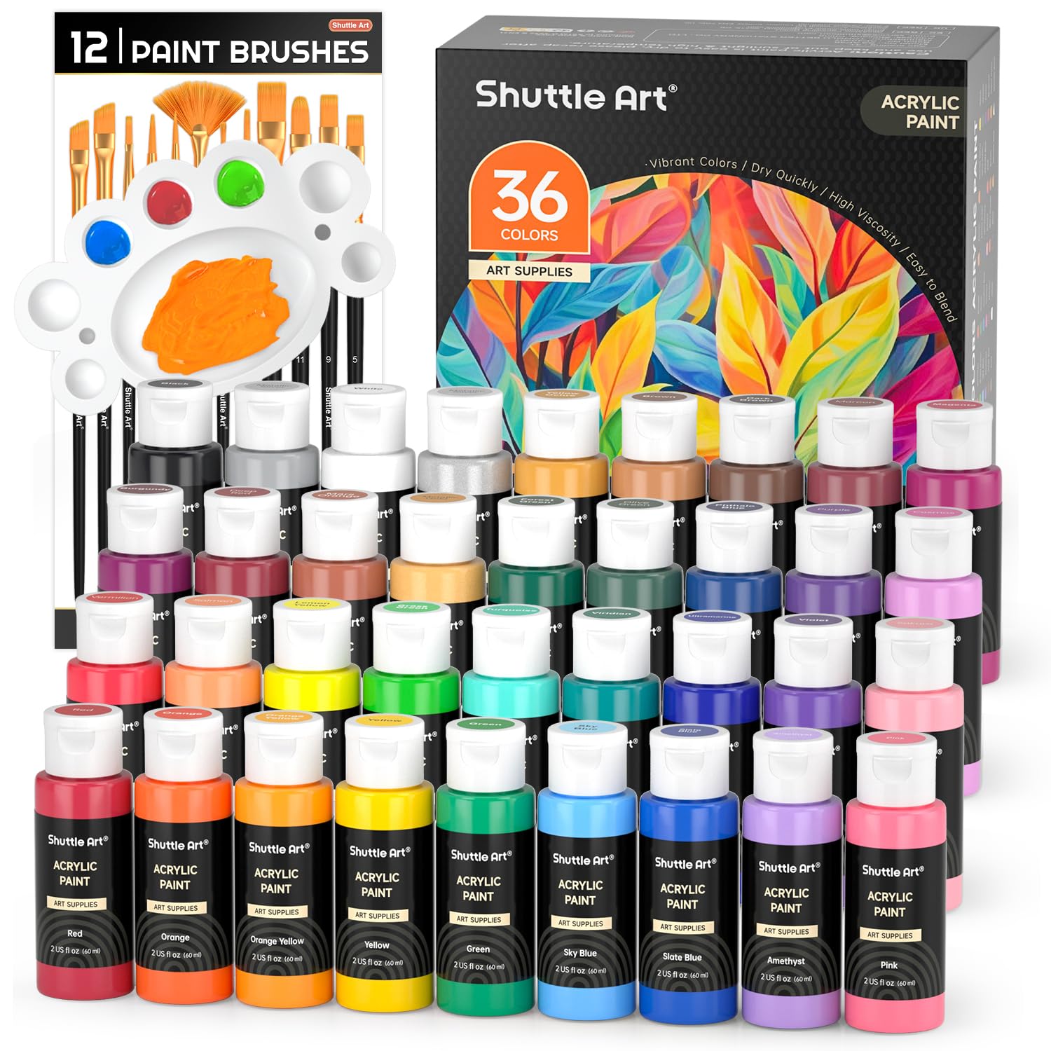 Acrylic Paint, 36 Colors Acrylic Paint Set With Brushes & Palette, 2Oz/60Ml Bottles, Rich Pigments Non-Toxic For Artists Kids & Adults, Painting On Canvas Rocks Ceramic Wood