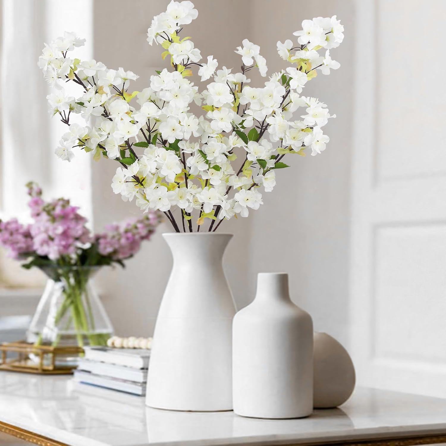 3 Pcs Cherry Blossom Branches For Vase Long Stems Artificial Flowers Spring Summer Decor White Faux Silk Cherry Blossom Branches For Home Wedding Party Table Centerpieces