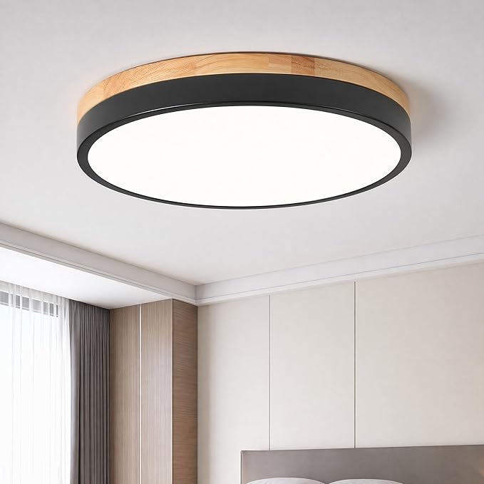 11.81 Inch Wood Black LED Ceiling Light Low Profile Flush Mount Fixture