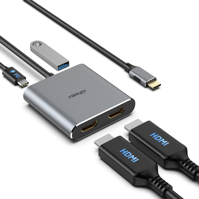 Usb C To Dual Hdmi Adapter 4K@60Hz, 4 In 1 Usb C To Hdmi Adapter With 100W Pd