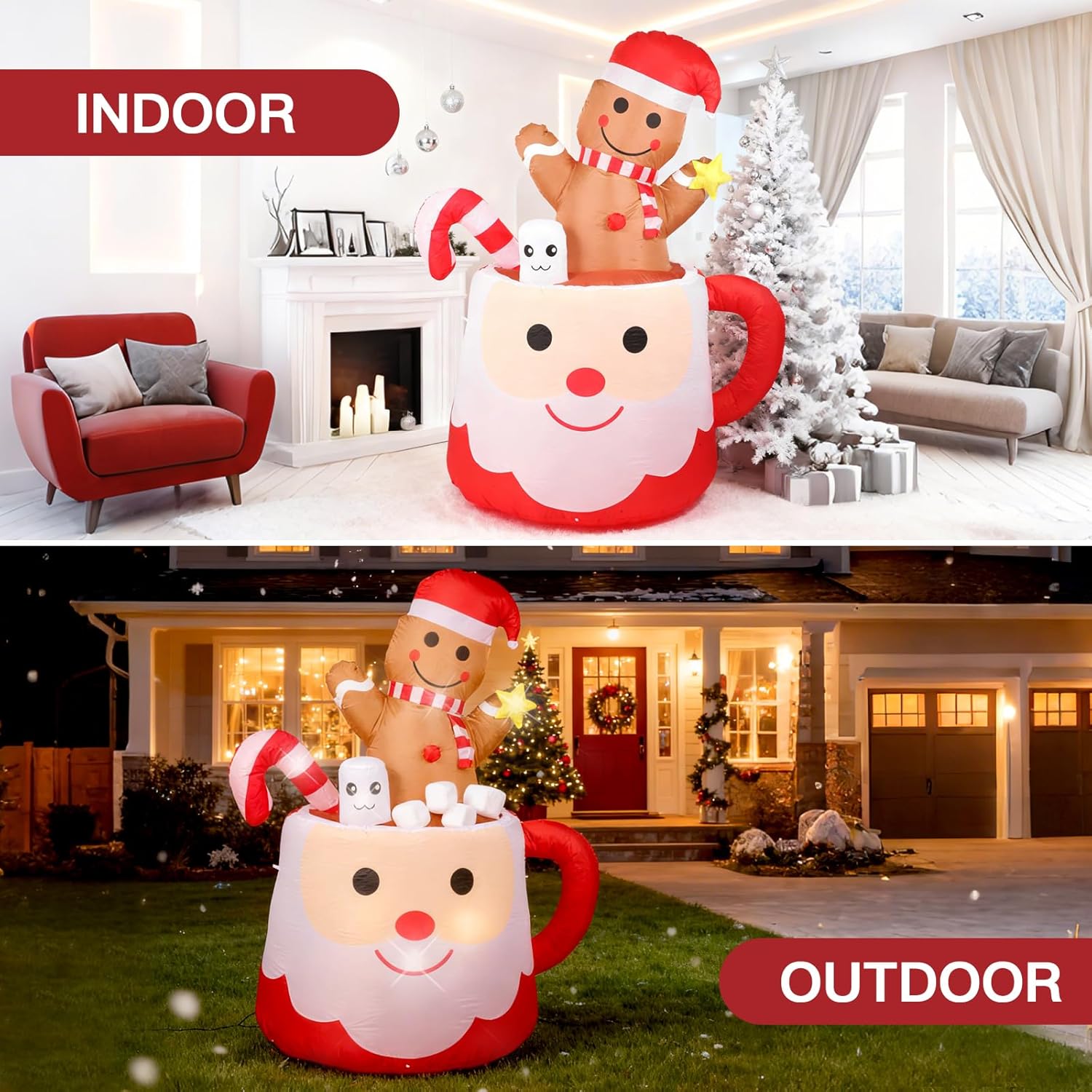 6Ft Gingerbread Christmas Inflatables Decorations Outdoor?Blow Up Christmas Decoration Gingerbread Man Mug With Built-In
