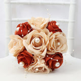 Wedding Bridesmaid Bouquet Set Of 4 - Artificial Flowers Bouquets For Bridesmaids Pre-Made 7 Inch Faux Small Floral Bouquets Bridal Shower, Wedding, Ceremony, Anniversary - Champagne & Burnt Orange
