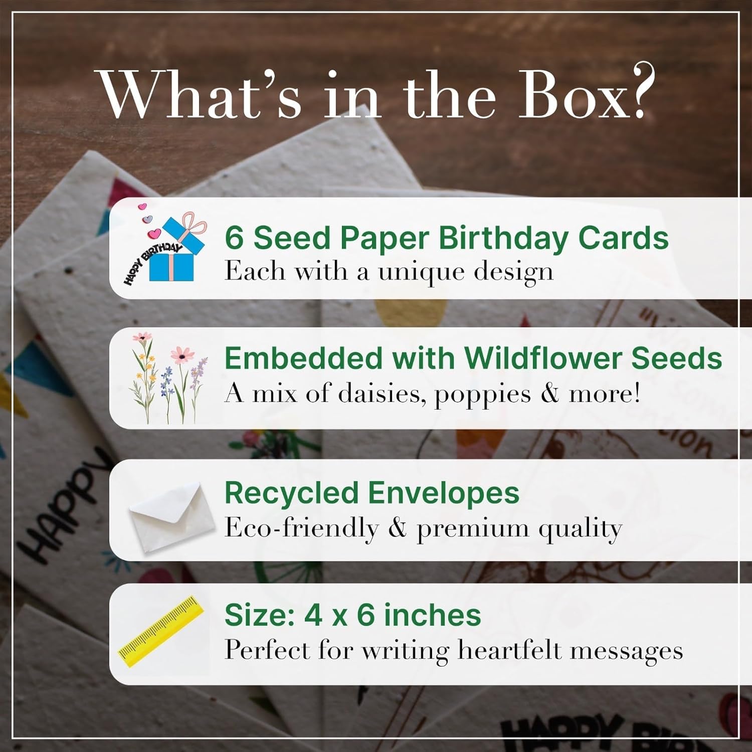 Happy Birthday Card Set - 6 Seed Paper Greeting Cards With Envelopes - 4X6 Inches - Eco-Friendly Wildflower Birthday Postcards - Biodegradable Birthday Card Pack