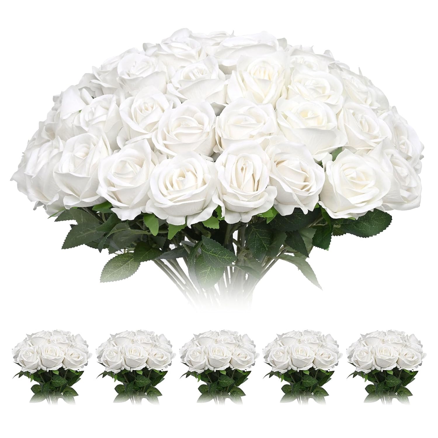 50 Pcs White Roses Artificial Flowers Bulk, White Flower Fake Velvet Silk Rose , Realistic Faux Artificial Roses With Stems Fake White Flower For Wedding, Bouquets ,Ceremony,Bridal Shower,Party