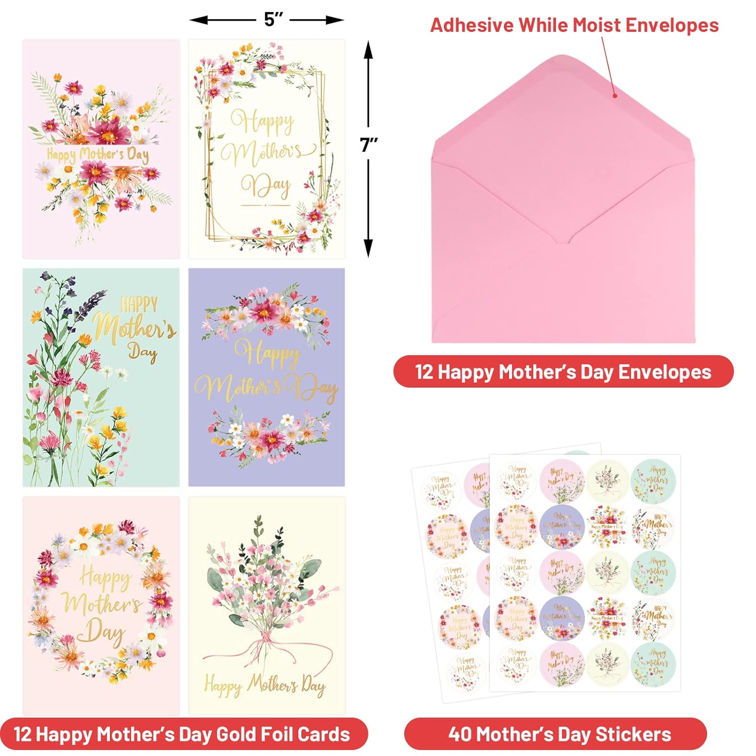 Happy Mother’S Day Greeting Cards With Envelopes 12Pcs Gold Foil Mothers Day Cards Bulk Flower Love Mom Cards Blank Inside