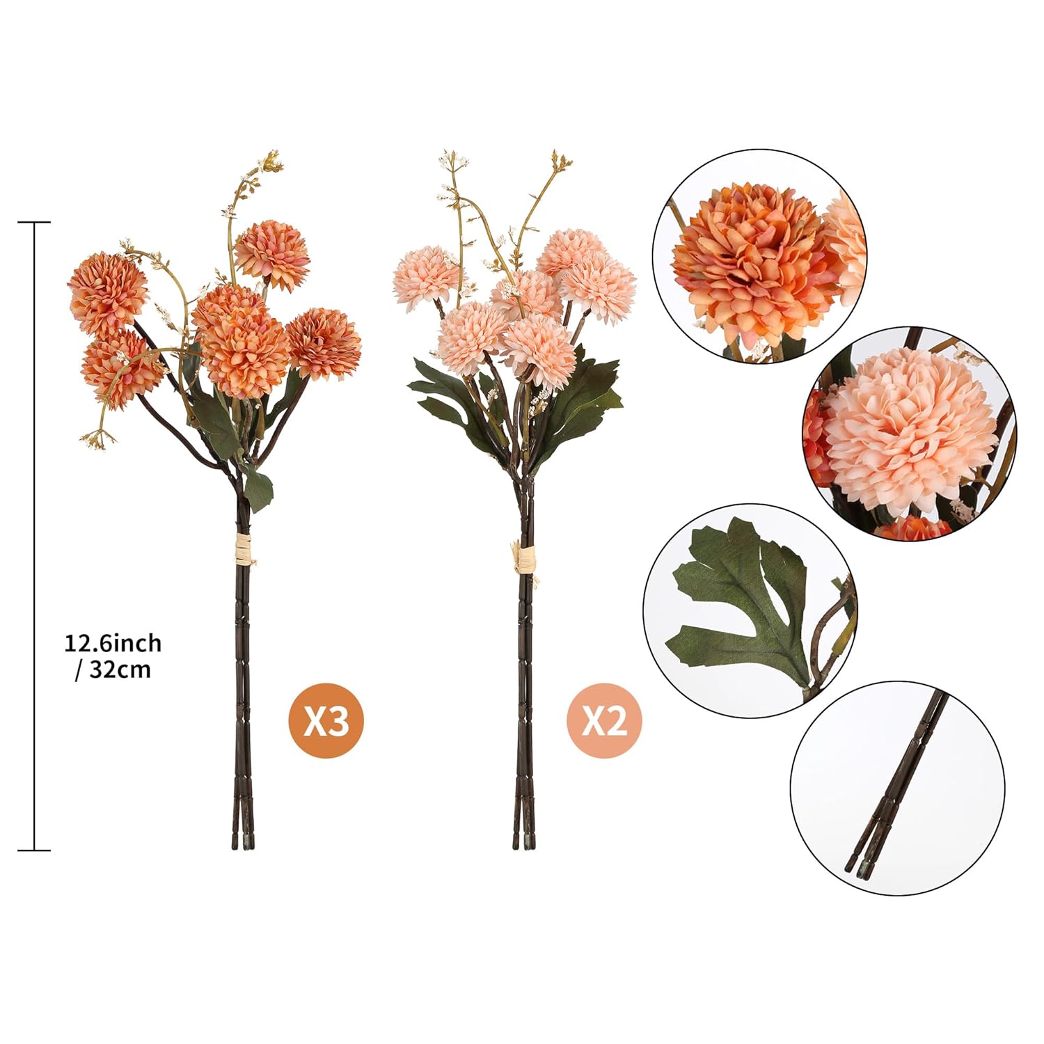 5 Bundles Pompon Mum Artificial Flowers, Fake Mini Chrysanthemums Boquuets 12” Faux Silk Pompon Mum Flowers For Centerpiece Bouquet Floral Arrangement Home Decor (Orange And Peach)