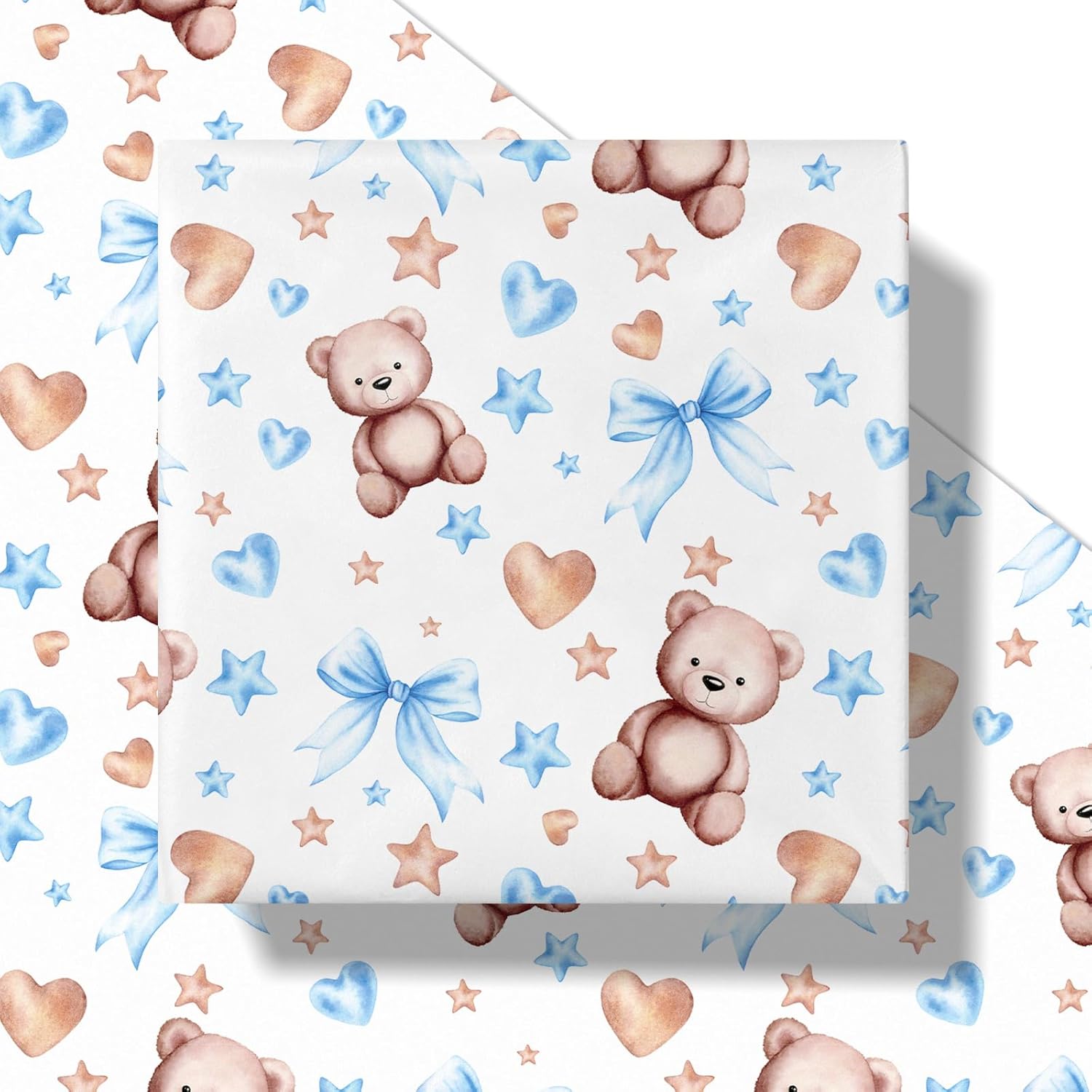 Bear Bow Wrapping Paper Roll For Baby Boy, Mini Roll, Blue Bear With Heart, Bow And Star Gift Wrap Paper For Baby Shower, Birthday And Special Occasions, 17 Inches X 16.4 Feet