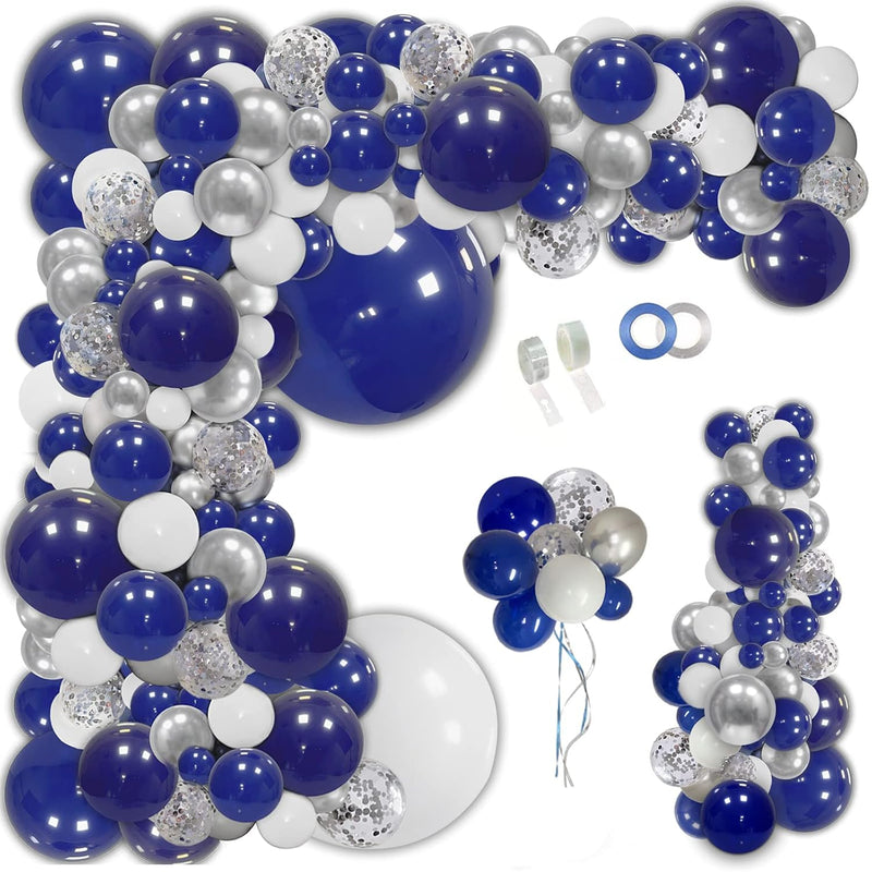 145Pcs Navy Blue Silver Balloons Garland Kit, Royal Blue Silver White