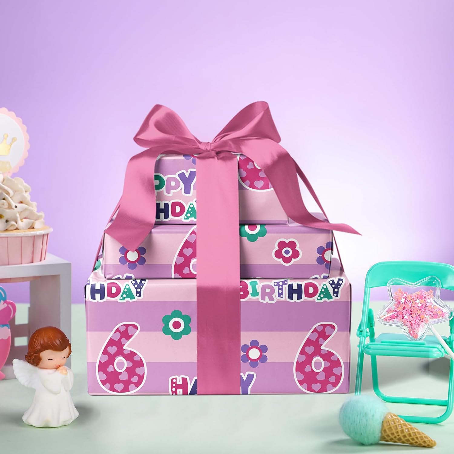 6Th Birthday Wrapping Paper Sheet - 6 Sheets Pink Happy Bday With Floral Design Folded Flat For Birthday, Party, Baby Showers - 19.7 Inch X 27.5 Inch Per Sheet