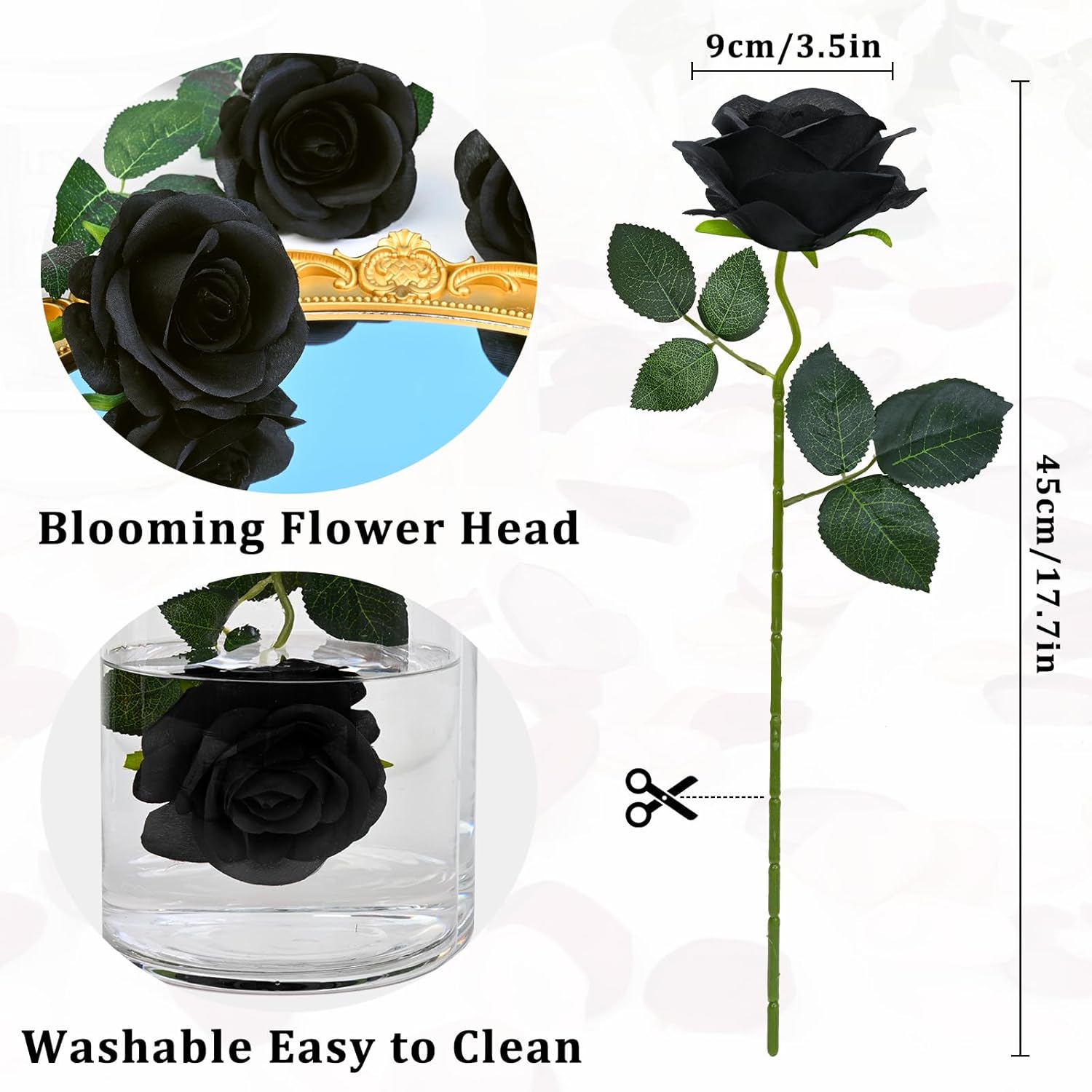 Halloween Decor - 16 Pcs Black Roses Artificial Flowers, Fake Roses Halloween Flowers With Long Stems For Home Decoration (Black)