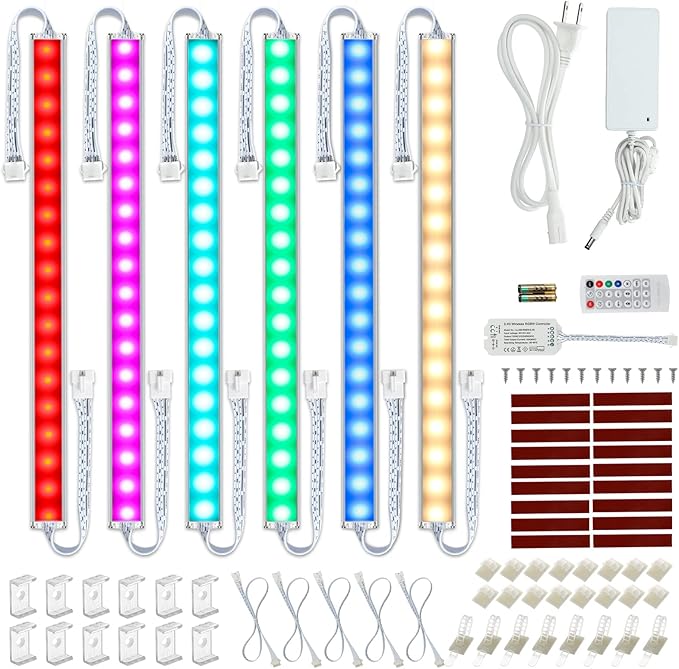 RGB Under Cabinet LED Lighting Kit with Warm White Light Dimmable Linkable LED Light Bars Plug In Setup