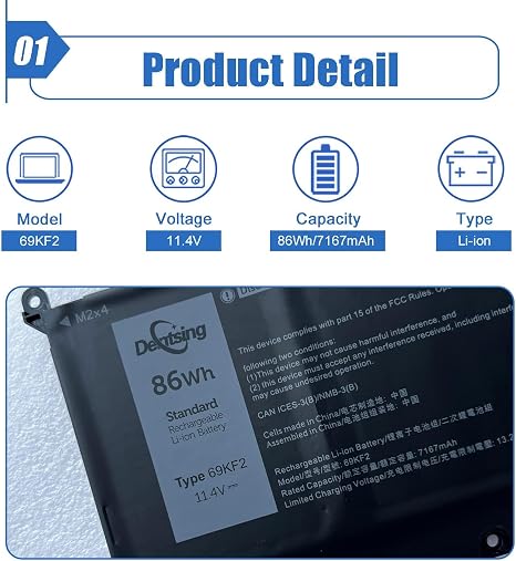 69KF2 86Wh Replacement Laptop Battery for Dell XPS 15 9500 9510 and 9520