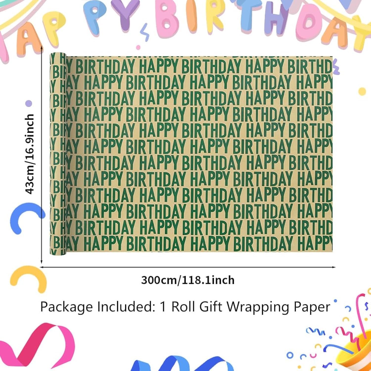 Minimal Emerald Green Large Happy Birthday Repeating Script Wrapping Paper For Men Women Boys Girls Kids- 1 Mini Roll 17 X 10 Ft Per Roll 14.1 Sq.Ft.Ttl - Brown Recycled Kraft Gift Wrap For Baby Shower Daddy Men All Birthday Occasions