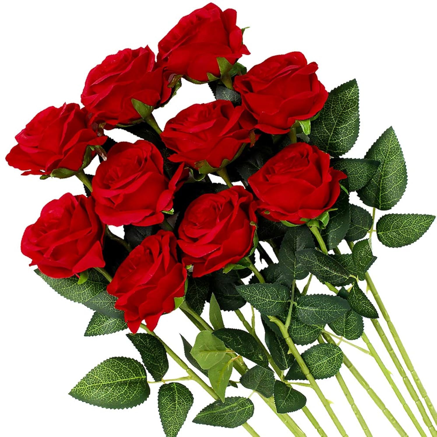 Artificial Flowers Silk Roses Fake Bridal Wedding Bouquet For Home Garden Party Floral Decor 10 Pcs (Red Curved Stem)
