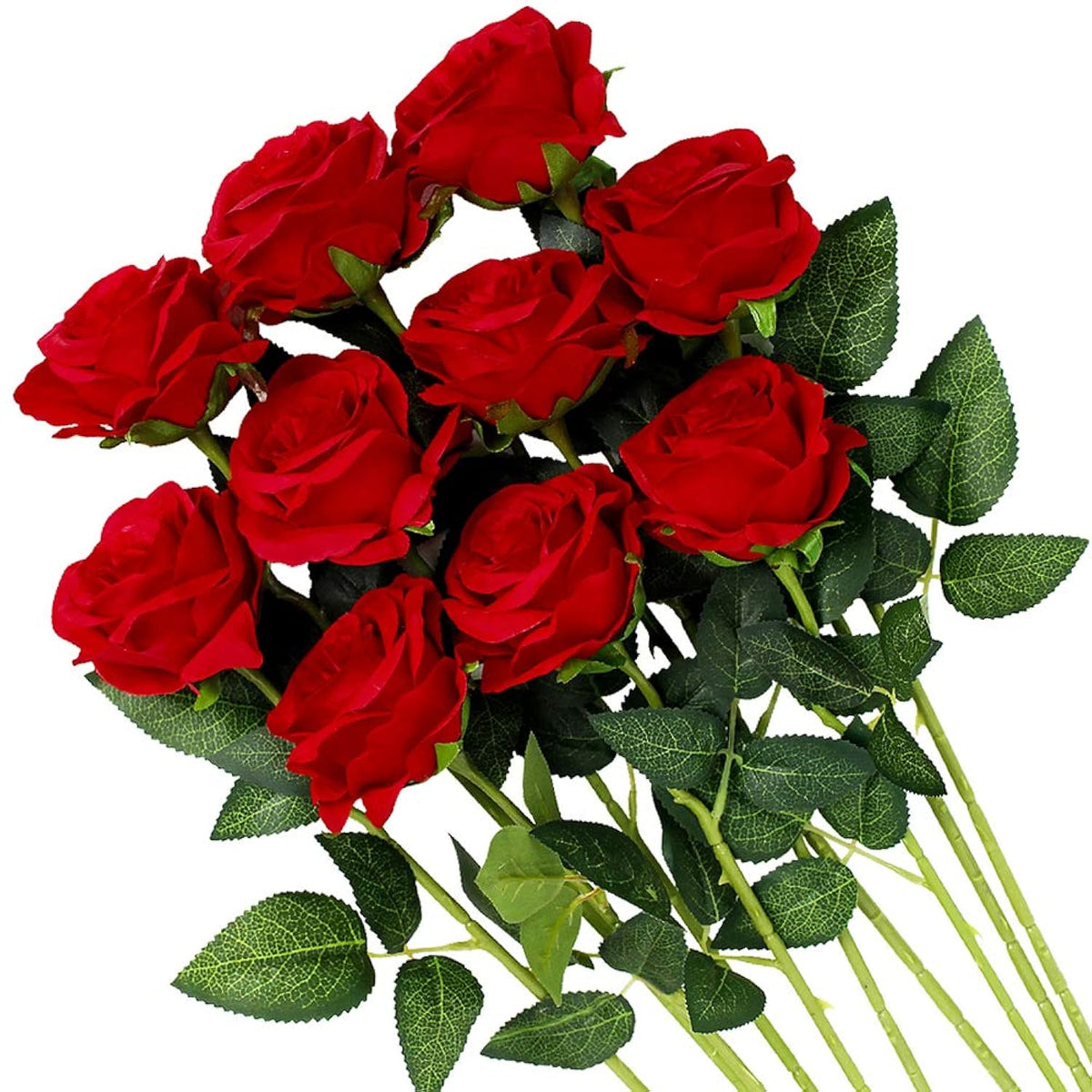 Artificial Flowers Silk Roses Fake Bridal Wedding Bouquet For Home Garden Party Floral Decor 10 Pcs (Red Curved Stem)