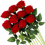 Artificial Flowers Silk Roses Fake Bridal Wedding Bouquet For Home Garden Party Floral Decor 10 Pcs (Red Curved Stem)