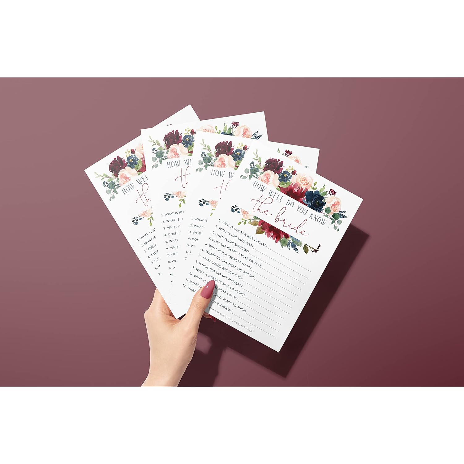 "How Well Do You Know The Bride Navy Burgundy 50 Pack Floral Bridal Wedding Shower Or Bachelorette Party Game - Guessing Question Pack For Engagement Parties