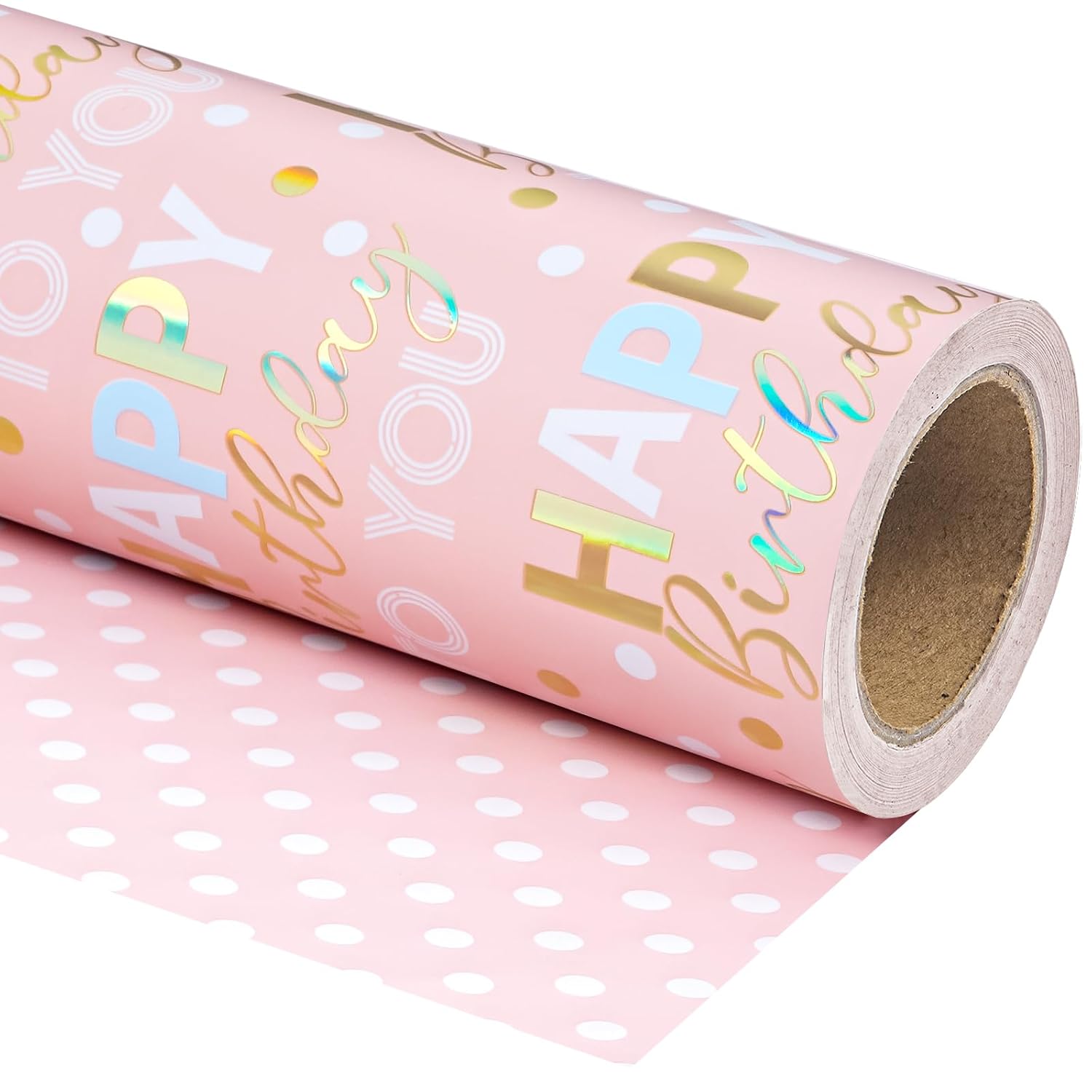 Reversible Birthday Wrapping Paper - Mini Roll - 17 Inch X 9.8 Feet - Rose Gold Foil And Iridescent Happy Birthday Wrapping Paper For Girls, Women, Baby Shower