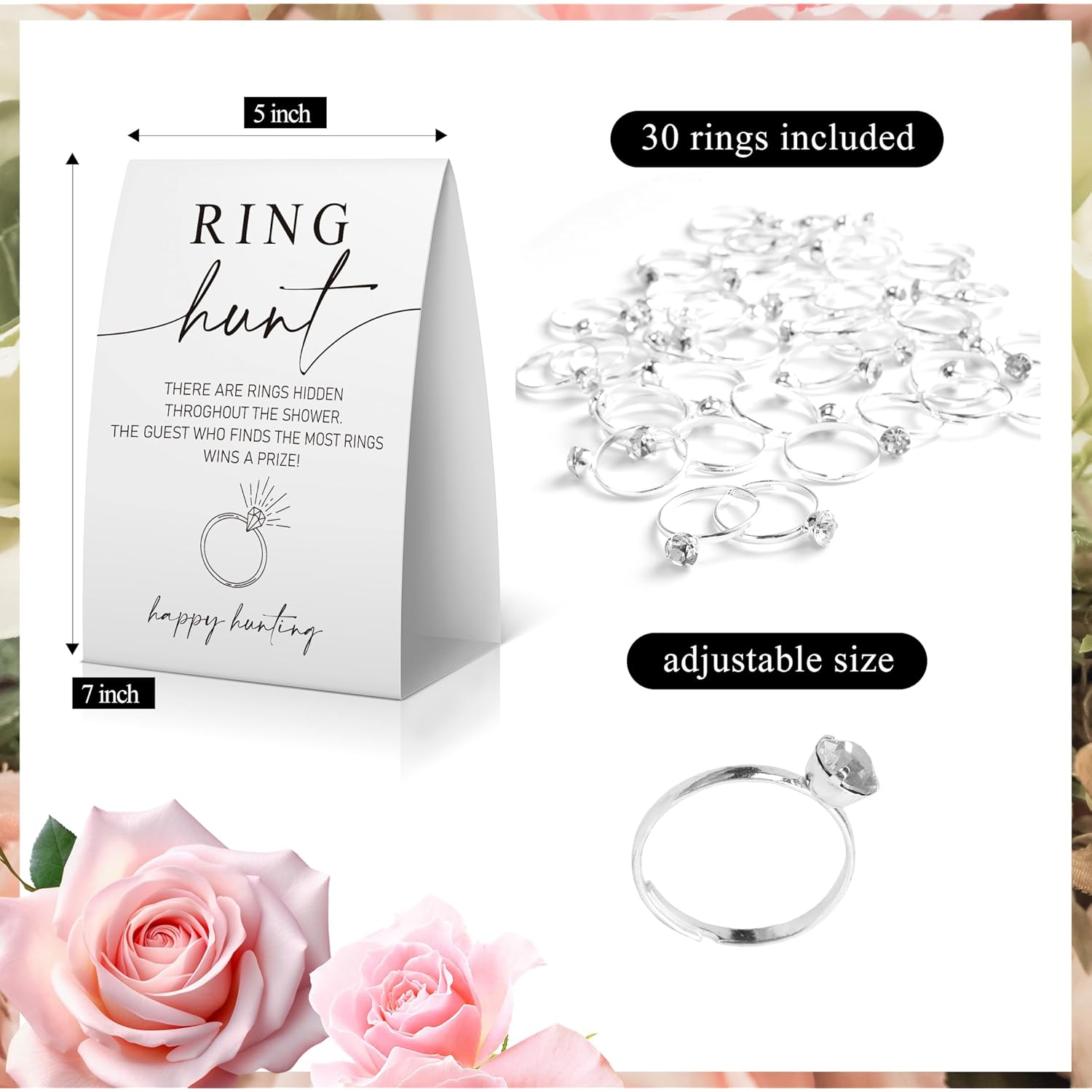 Ring Hunt Bridal Shower Game, Bridal Shower Ring Game, Minimalist Sign With 30 Metal Rings -Rghunt01