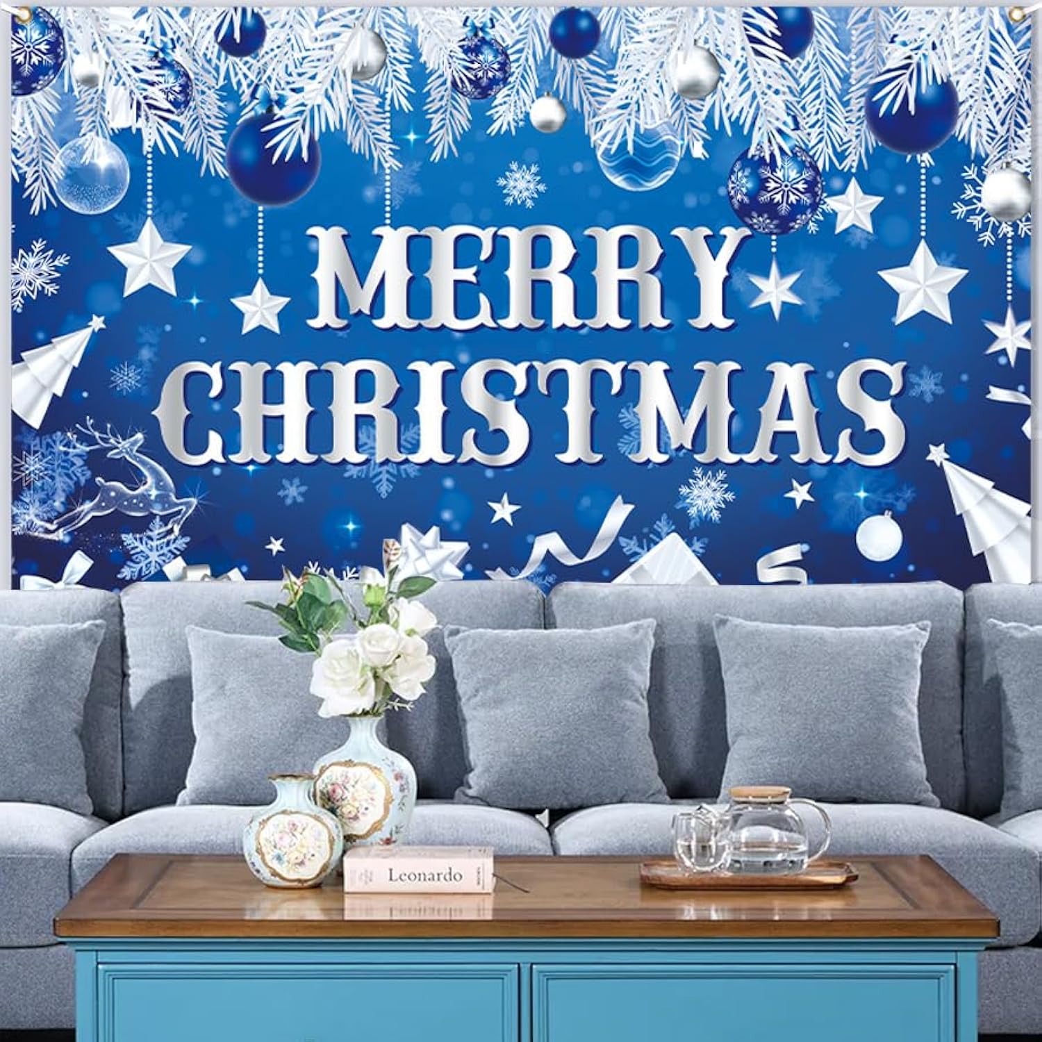Merry Christmas Backdrop Banner Blue 70.8x43.3 Inch for Holiday Party Decor