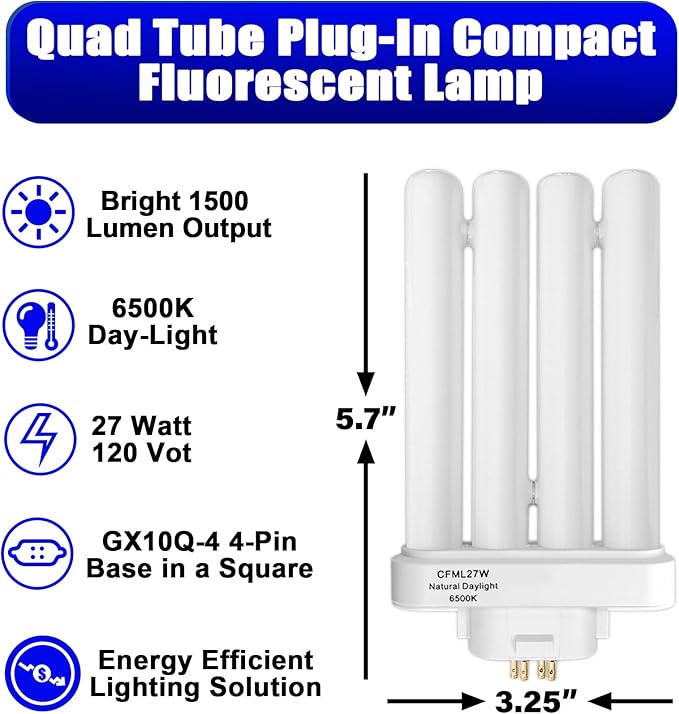 CFML27VLX Replacement Bulbs 3 Pack 27W GX10Q-4 6500K Natural Daylight Fluorescent Lamp