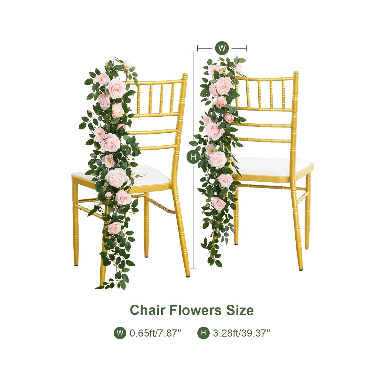 4Pcs Pink & Sage Green Hanging Flowers Garland Wedding Chair Decorations Aisle Pew Floral Swag Artificial Flowers For Ceremony Chair Back Floral Decor Reception Church Party