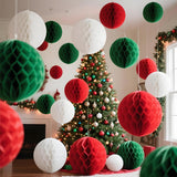 Red White And Green Paper Honeycomb Flower Balls-12 Pcs 6" 10" Tissue Pompoms Suitable For Birthdays Graduation Weddings And Christmas Theme Party Decoration