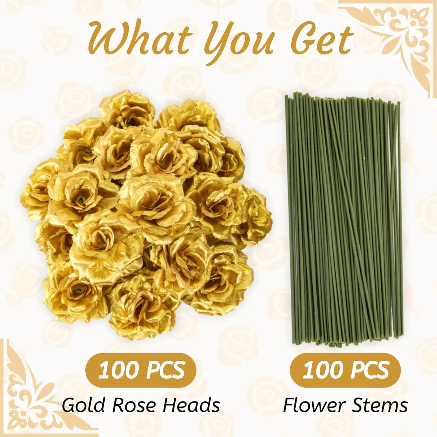100 Pcs 3.5 Inch Gold Artificial Rose Heads With Stems, Silk Rose Faux Flower Heads Bulk For Diy Wedding Bouquets, Party Table Centerpieces, Home Decor, Craft Floral Arrangements